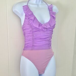 Majorelle Everly Purple Ruffled Halter Bodysuit XS